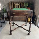 Antique Oak Writing Side Table With Drawer Green Felt Top Hand Turned Legs