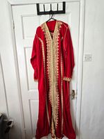 Women's Red Velvet Kaftan Full Length with Gold Embroidery, One Size, Morocco