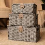 3pc Storage Basket Set - PE Wicker Woven Hamper Box Lid & Lock Stackable Home
