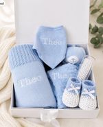 Personalised Baby Boy Gift Set Embroidered Name Blue Newborn Keepsake Box