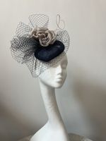 Elegant Jayne Alison Millinery Navy And Pink Floral Fascinator With Netting