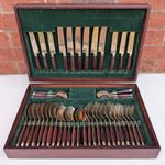 Vintage Mid Century Rosewood and Brass Cutlery Set 46 Piece In Wooden Case