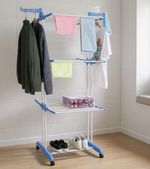 3-Tier Foldable Clothes Drying Rack on Wheels, White/Blue, Freestanding