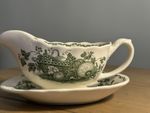 Mid Century Vintage Masons Ironstone Fruit Basket Green Gravy Boat  & Underplate