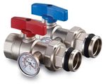 Fastwarm 1" x 1" Isolation/Ball Valve Pair w/Temperature Gauge (Red/Blue Valves)