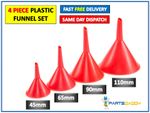 4pc Funnel Set Plastic Pouring Funnels 45 65 90 110 mm Kitchen Petrol Fuel NEW