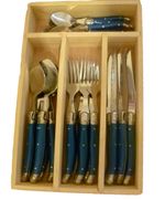 24 Piece Laguiole Bee Design Blue Cutlery Set - Classy Design In a Wooden Box