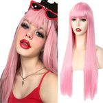 28 Inch Womens Black Wig with Bangs Layered Hair Medium Long Straight Wigs