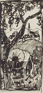 B. Burger (1892-1968), covered wagon in a landscape, pen drawing figurative