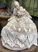 Antique Victorian half doll crinoline lady tea cosy pottery lace folk art 14.5"