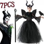 UK Set Kids Maleficent Cosplay Costume Dress Headband Girl Halloween Outfit* new