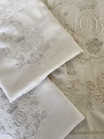 ANTIQUE ENORMOUS LINEN TOP SHEET & SHAM SET CROWN EMBROIDERY EURO NOBILITY