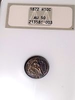 1872 SEATED HALF DIME, NGC AU 50 VERY NICE