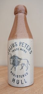 Julius Peters Hull Yorkshire Bison pictorial - copper plate ginger beer bottle.