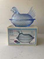 NOS Vintage Blue Indiana Glass Hen on a Nest 7" Beaded Chicken Candy Dish w/ Box