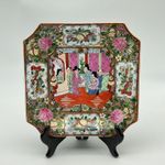 Antique Style Chinese Canton Rose Medallion Square Scalloped Plate 20th Century