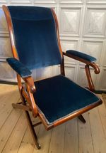 ANTIQUE MAHOGANY CAMPAIGN CHAIR WITH VELVET UPHOLSTERY