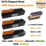 1560 MIXED (50mm,65mm,90mm) Framing Nails for DEWALT DCN692, Paslode IM350/350+
