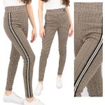 M&S Leggings Womens Brown Check Pattern Stretch Side Stripe Trouser Work Casual