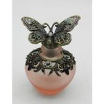 Vintage Frosted Pink Glass Perfume Bottle With Ornate Butterfly Stopper