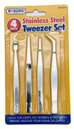 4 Pc Stainless Steel Tweezer Set Great For Hobby Craft and DIY Precision Repairs
