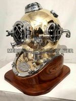 Brass Vintage Style Mark V Full Size Steel Diving Divers Helmet W/ Wooden Base