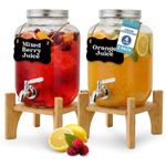 HEFTMAN Glass Drink Dispenser with Tap Sturdy Bamboo Stand Juice 4 Litre 2 Pack