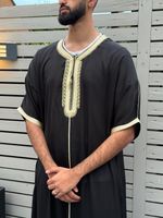 Men's Moroccan Thobe | Black Gold Embroidery Short Sleeve Jubba Islamic Eid SAIF