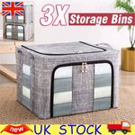 3X 66L Folding Storage Box Made of Thick Fabric Steel Frame Wardrobe Organizer'