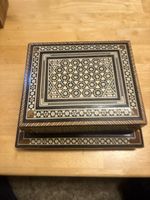 Vintage Handmade Wood Cigarette Box Carved Inlaid Tiered With 4 Trays