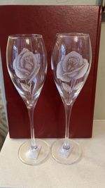 New Pair Of Hand Engraved Etched Champagne Tulip Flute Glasses Agnes Hungary 10”