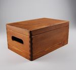 WOODEN BOX/TRUNK, HAND PAINTED IN OAK COLOR, WITH LID AND HANDLES