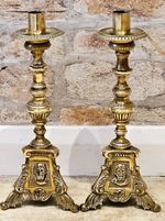 Antique Pair Of French Baroque Style Brass Altar Candlesticks