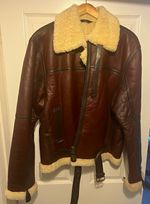 Shearling Men's Brown Leather Bomber Jacket Sheepskin Lined 4XL Zip Buckle Belt.
