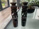 Vintage Hardwood Carved Elephant Candlesticks Pair 9.5 Inches Tall