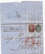 1863 QV 1d RED STAR + 1/- GREEN STAMP ON LONDON ENTIRE TO TRIESTE AUSTRIA FRANCO