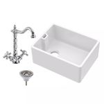 Fireclay 595mm 1 Bowl Belfast Butler Kitchen Sink with French Classic Tap & Wast