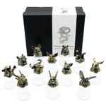 12 Mini Shot Glasses 25ml Antique Style Metal Base Creature Designs Gift Box