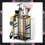 Garden Tool Organizer Steel Rack with Side Hooks for Rakes Shovels and T-Handle