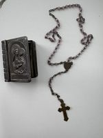 Antique Vintage Religion Small Rosary Beads In Metal Bible