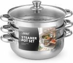 27CM 4PC STEAMER COOKER POT SET PAN COOK FOOD GLASS LIDS 3 TIER STAINLESS STEEL