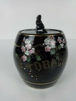 Tobacco Jar Vintage Humidor Black Hand Painted Floral Design English Tobacciana