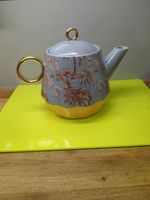 Eleanor Bowmer Small Teapot Palm Print Blue Peach Gold Handle New