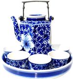 Vintage Cobalt Blue Porcelain Japanese Hexagonal Teapot, 5 cups and tray