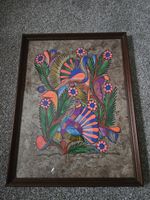 Vintage Framed Traditional Mexican Amate Bark Folk Hand Painting