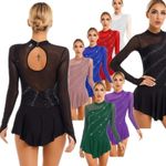 UK Women Glitter Figure Skating Long Sleeve Competition Dress Ballet Dancewear