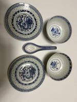 Vintage Chinese Jingdezhen Blue & White Rice Grain Porcelain Set Dragon Bowls X2