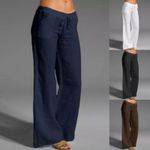 NEW Women Cotton Linen Trousers Ladies High Waist Holiday Baggy Wide Leg Pants
