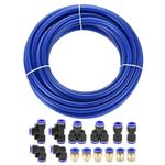 Pneumatic 10mm OD PU Air Hose Tubing Kit 10 Meters Blue with 14 Pcs Fittings