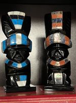 Vintage Mexican Carved Black Obsidian Aztec Mayan Statue Pair Inlay Totem 6.5"
